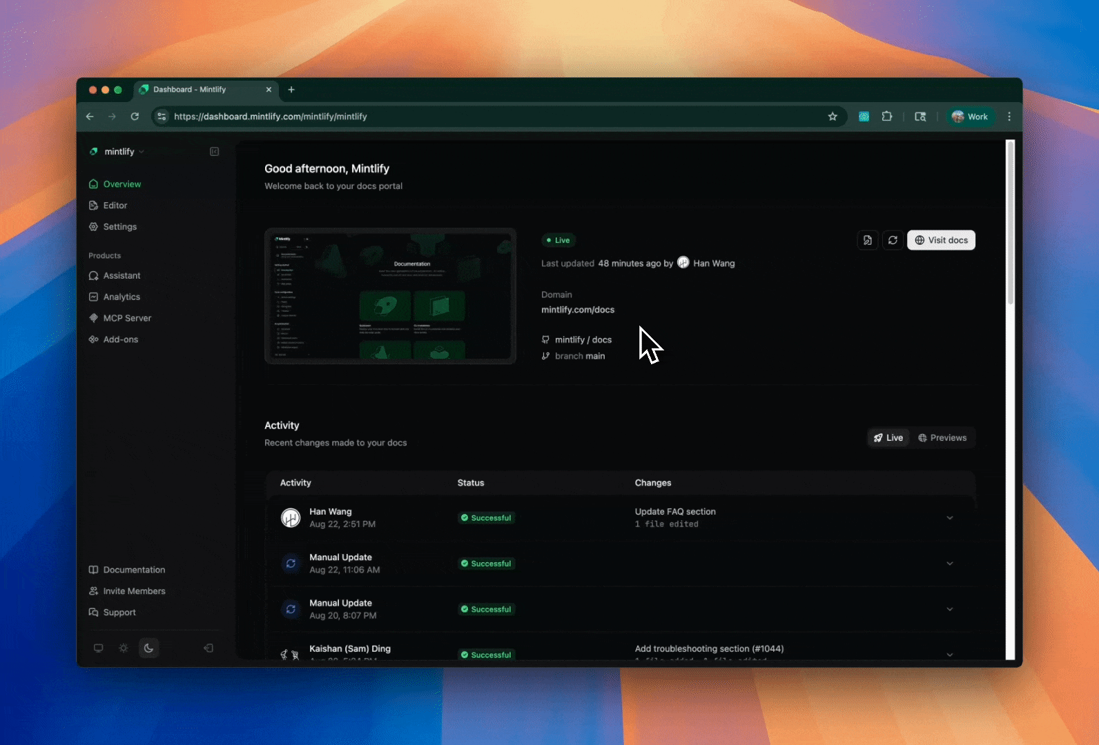 Gif showing how to access support from the dashboard by selecting the Support button, then selecting an option and typing a question in the support modal that pops up.